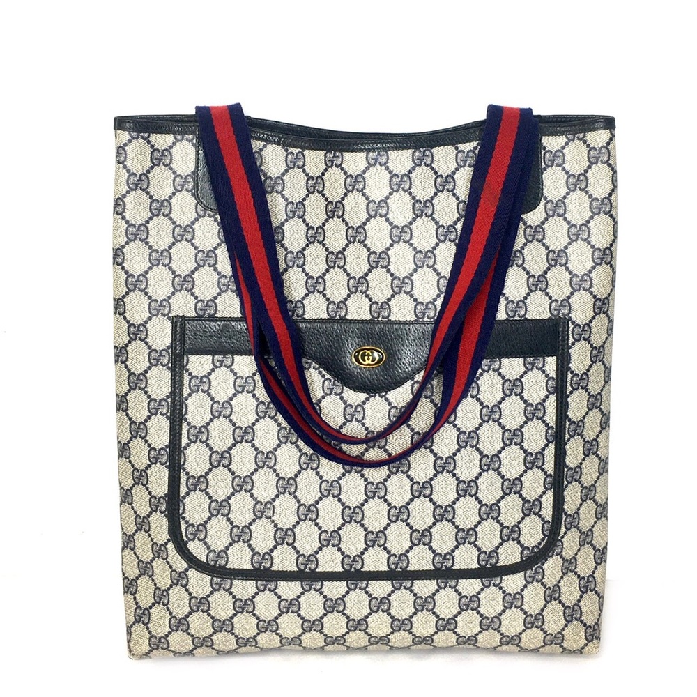 Authentic Gucci navy & grey monogram coated canvas tote bag